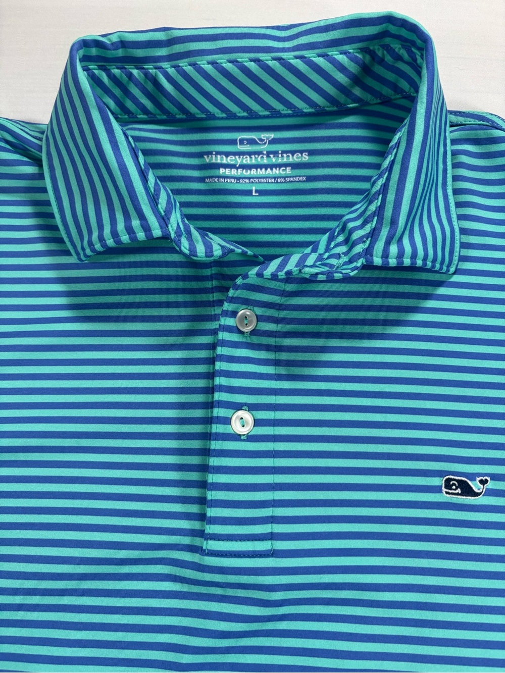 Vineyard Vines Mens Large Performance Stripe Polo Shirt Short Sleeve Blue Green